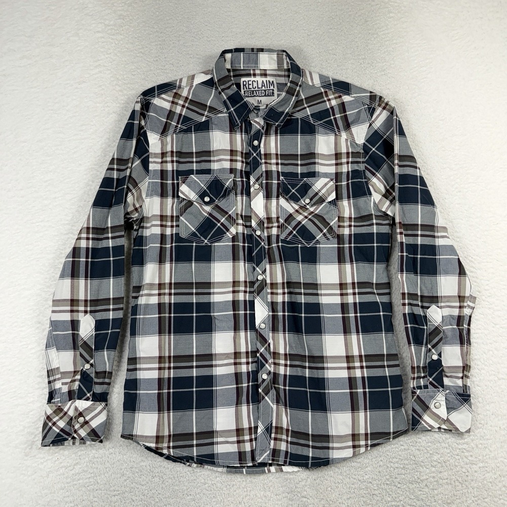 Reclaim Shirt Mens Medium Western Relaxed Fit Pearl Snap Plaid Long Sleeve